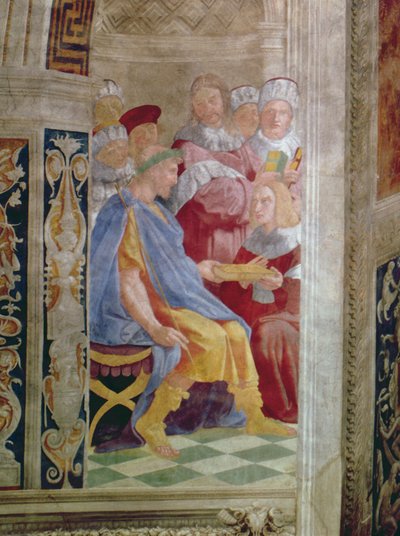 De gerechtelijke deugden: Paus Gregorius IX keurt de Vaticaanse Decretalen goed; Justinianus overhandigt de Pandecten aan Trebonianus (detail) door Raffaello Sanzio Raphael